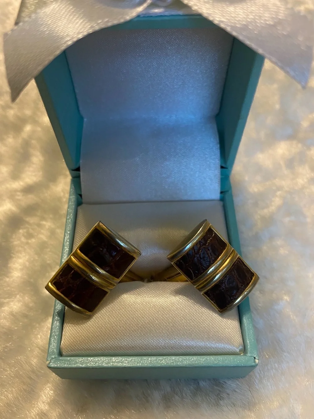🍀VTG Swank Gold Brown Leather Inlay Cufflinks